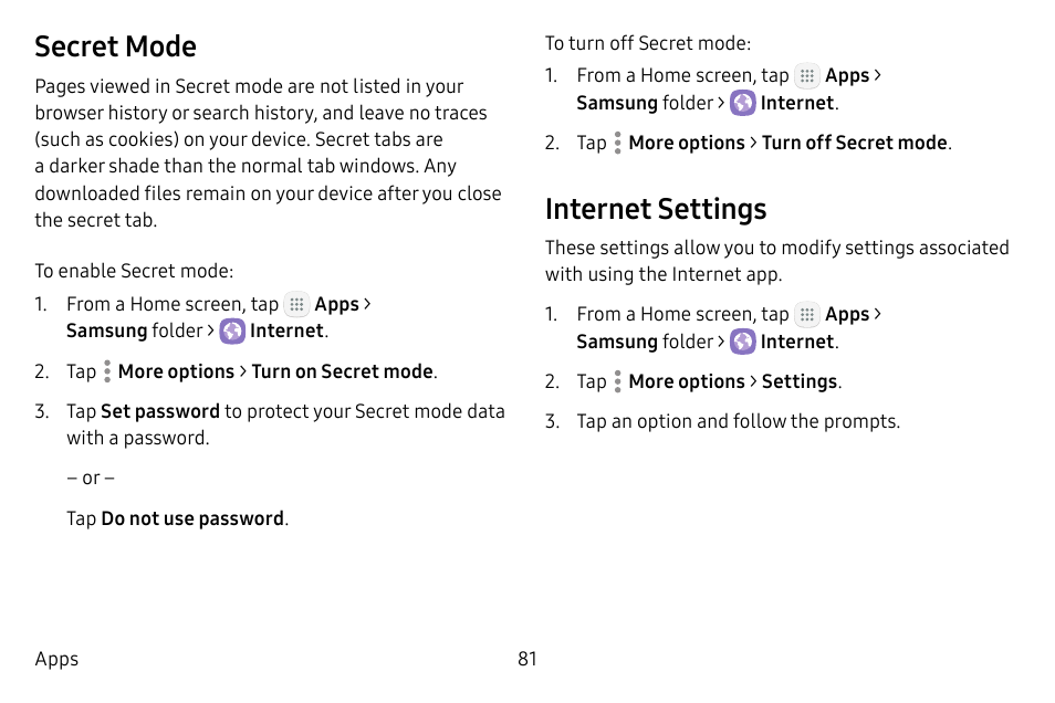 Secret mode, Internet settings | Samsung Galaxy Tab S3 (SM-T825) User Manual | Page 86 / 177