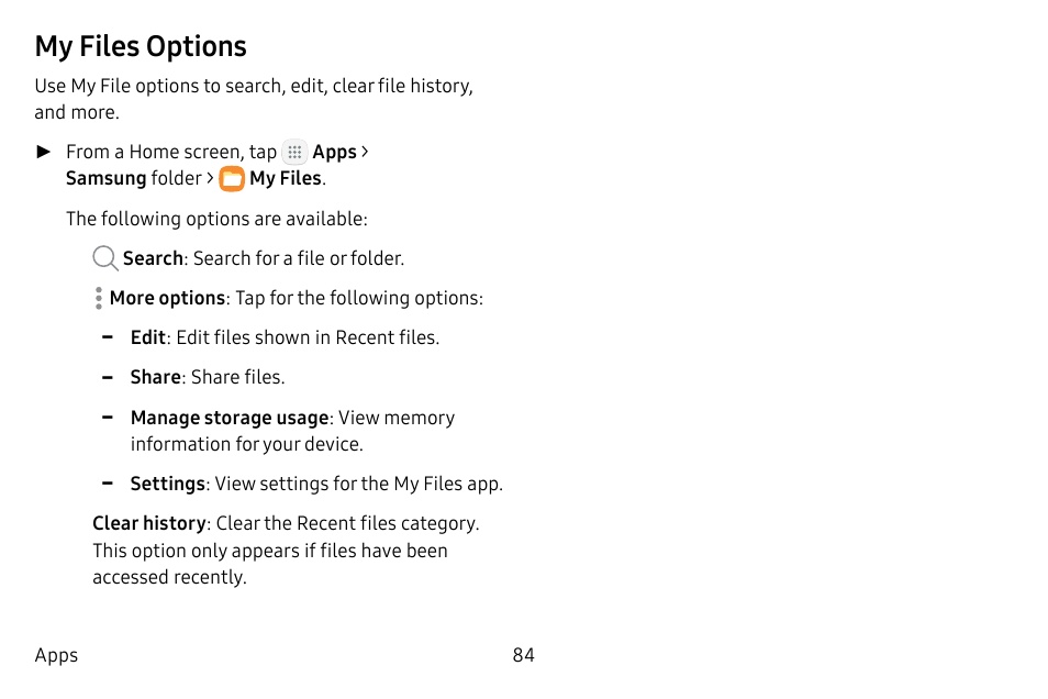 My files options | Samsung Galaxy Tab S3 (SM-T825) User Manual | Page 89 / 177