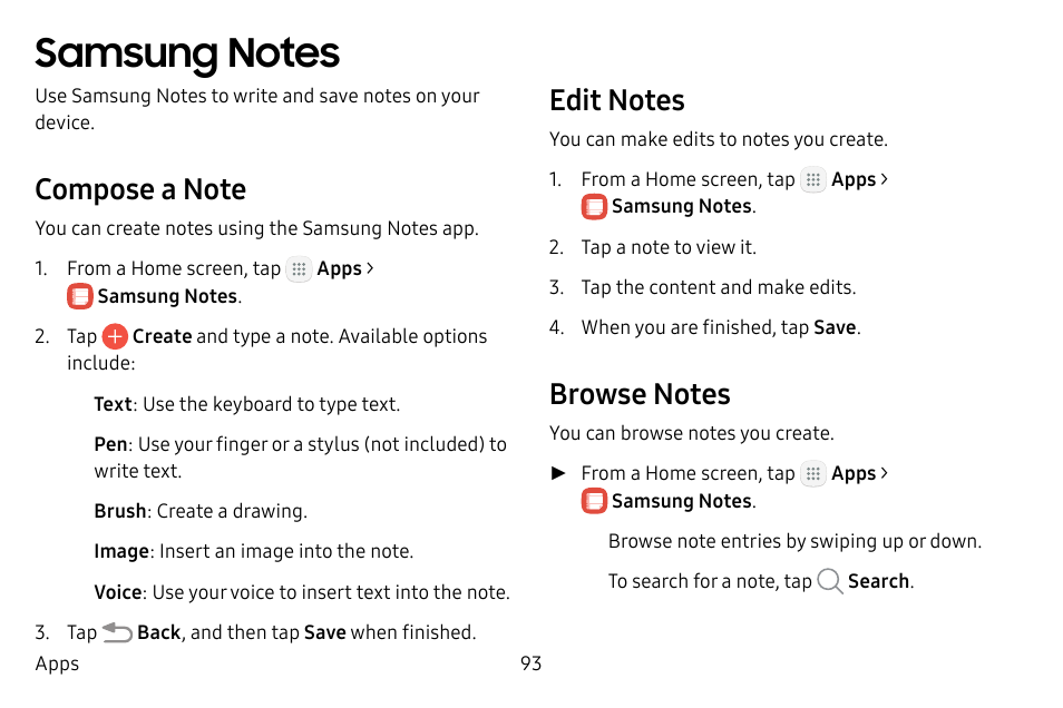 Samsung notes | Samsung Galaxy Tab S3 (SM-T825) User Manual | Page 98 / 177