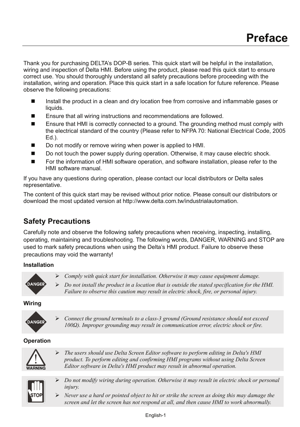 Preface, Safety precautions | Delta Electronics Network Device DOP-B User Manual | Page 2 / 43