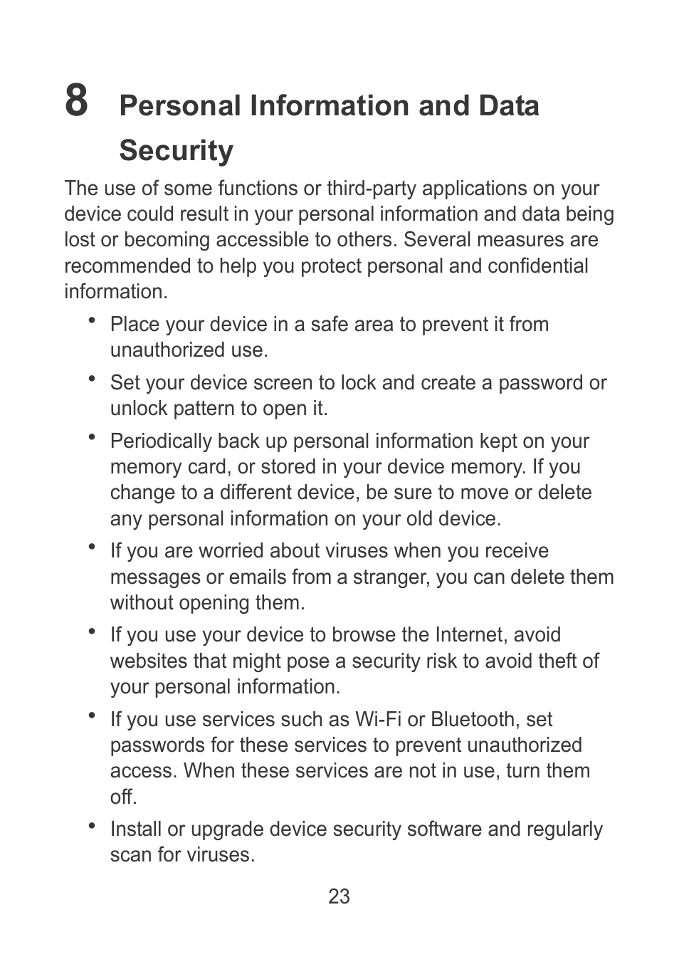 8 personal information and data security, Personal information and data security | Huawei MediaPad M2 10.1 (M2-A01L) User Manual | Page 25 / 32