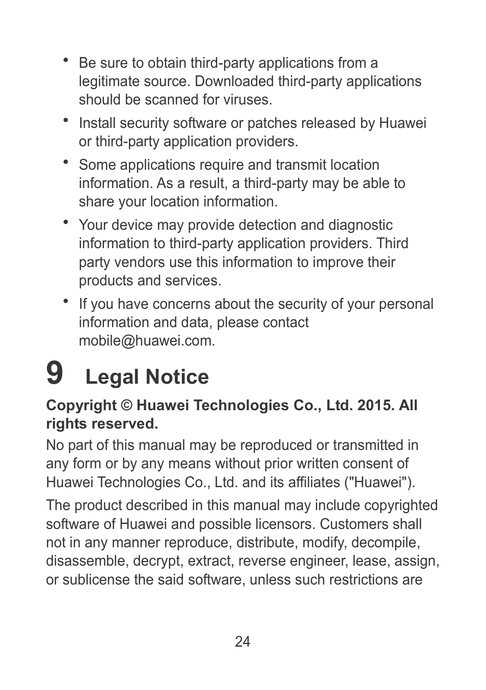 9 legal notice, Legal notice | Huawei MediaPad M2 10.1 (M2-A01L) User Manual | Page 26 / 32