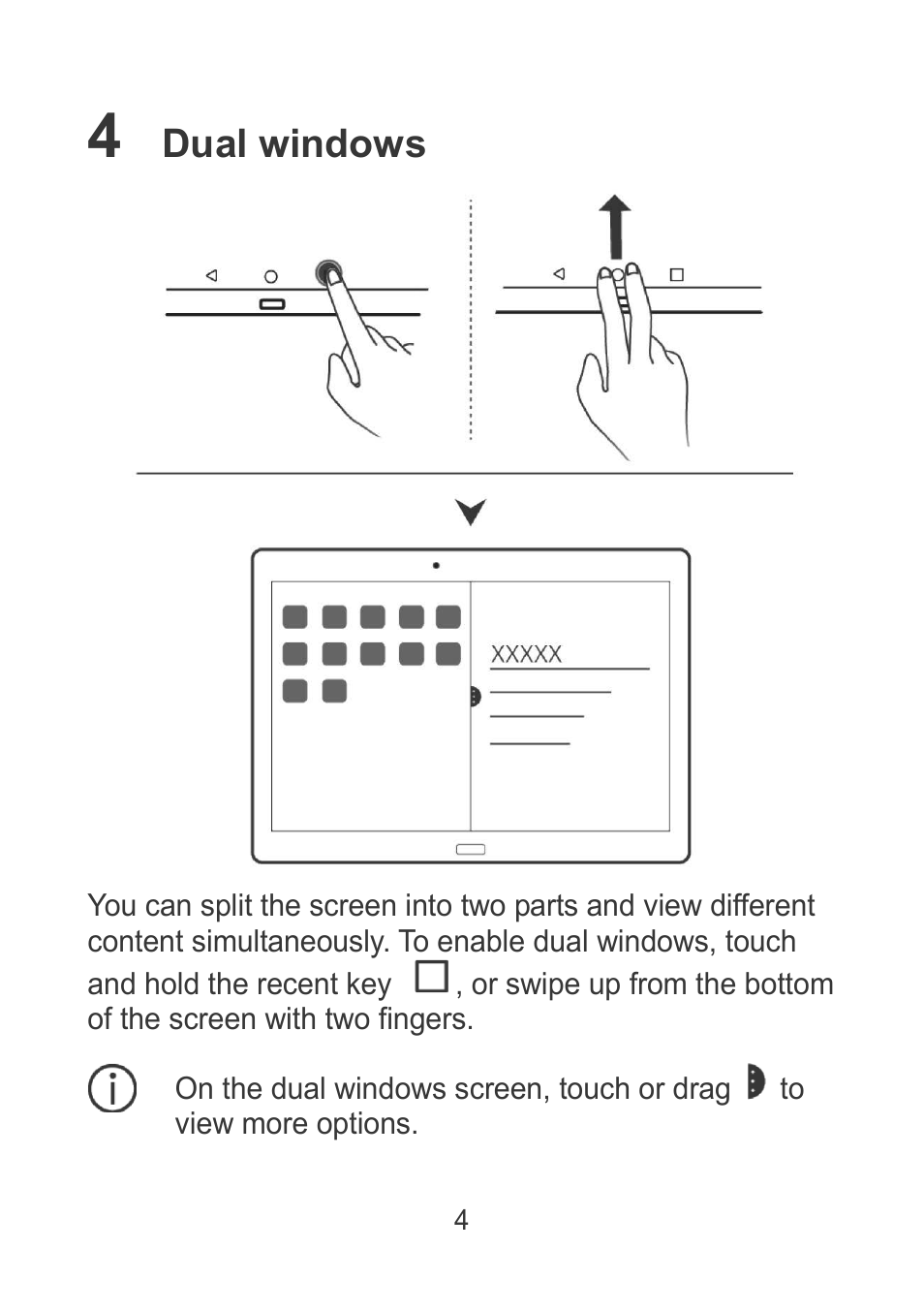 4 dual windows, Dual windows | Huawei MediaPad M2 10.1 (M2-A01L) User Manual | Page 6 / 32