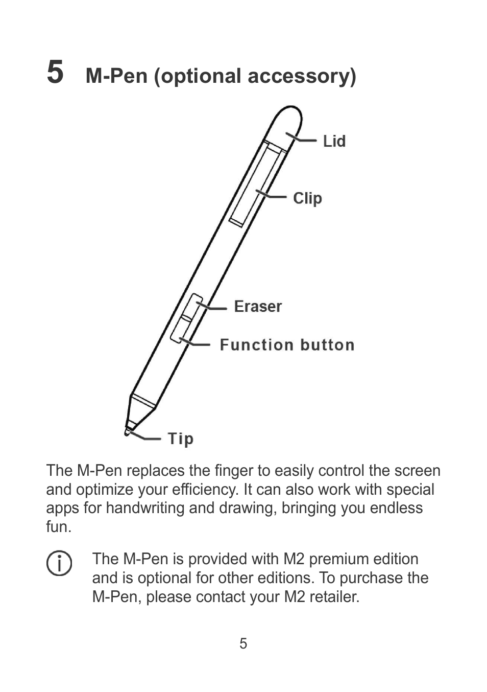 5 m-pen (optional accessory), M-pen (optional accessory) | Huawei MediaPad M2 10.1 (M2-A01L) User Manual | Page 7 / 32