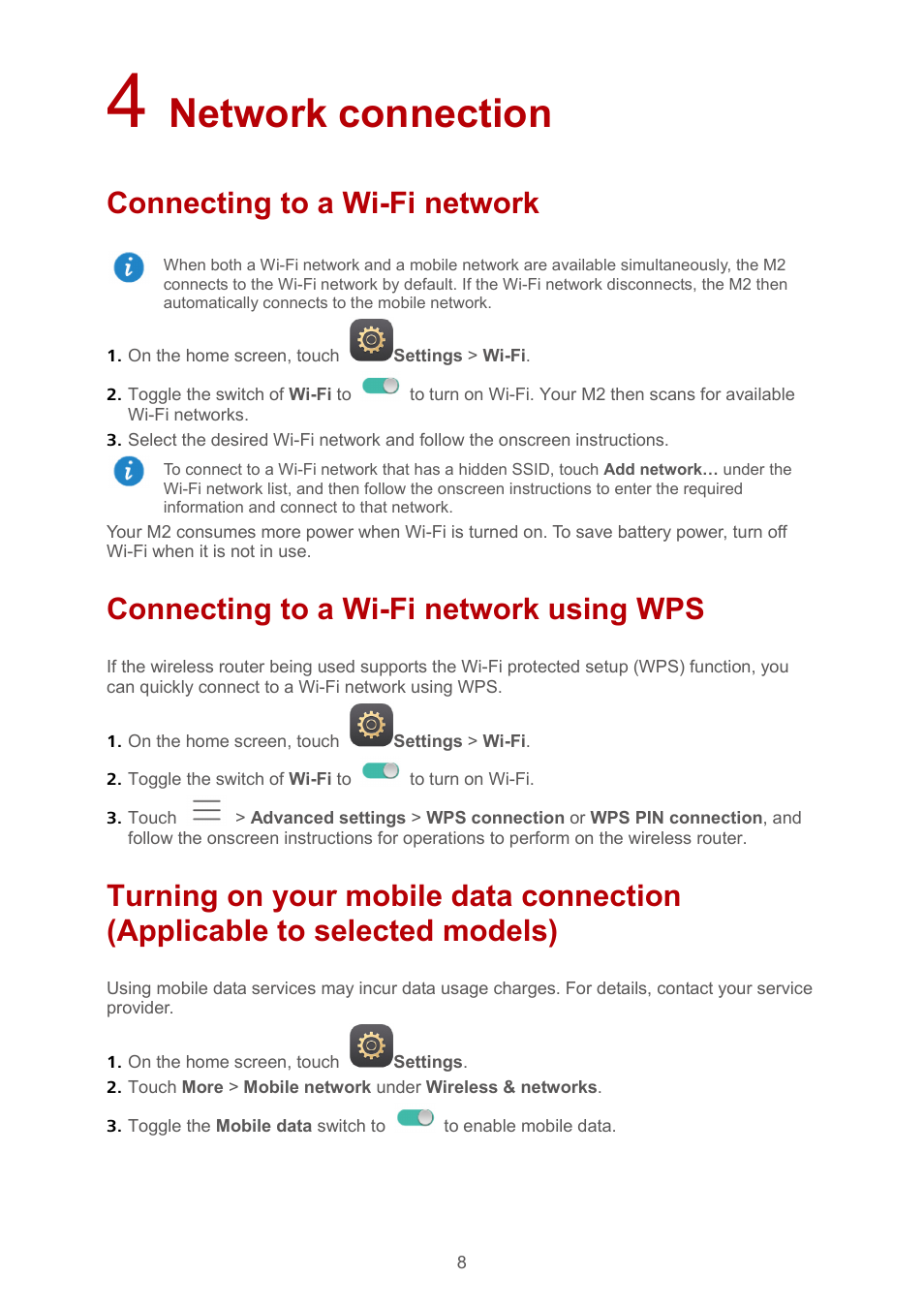 4 network connection, Connecting to a wi-fi network, Connecting to a wi-fi network using wps | Models), Network connection | Huawei MediaPad M2 10.1 (M2-A01L) User Manual | Page 12 / 40