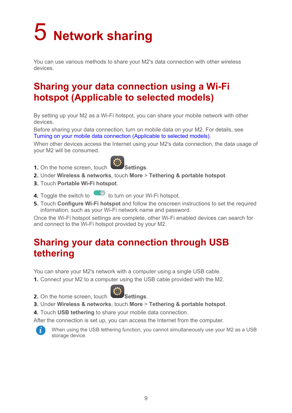 5 network sharing, Sharing your data connection through usb tethering, Selected models) | Network sharing | Huawei MediaPad M2 10.1 (M2-A01L) User Manual | Page 13 / 40