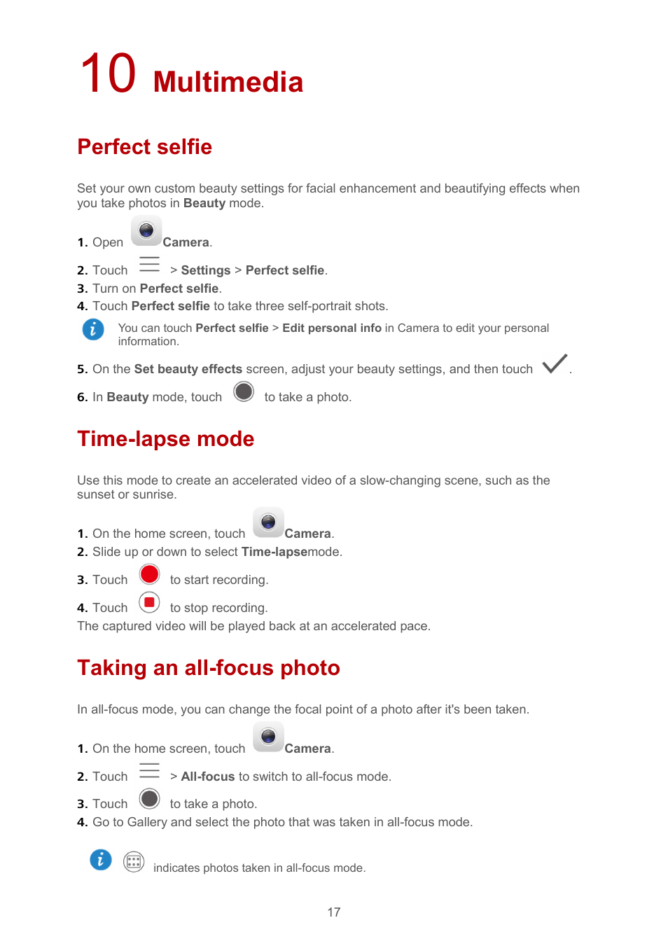 10 multimedia, Perfect selfie, Time-lapse mode | Taking an all-focus photo, Multimedia | Huawei MediaPad M2 10.1 (M2-A01L) User Manual | Page 21 / 40