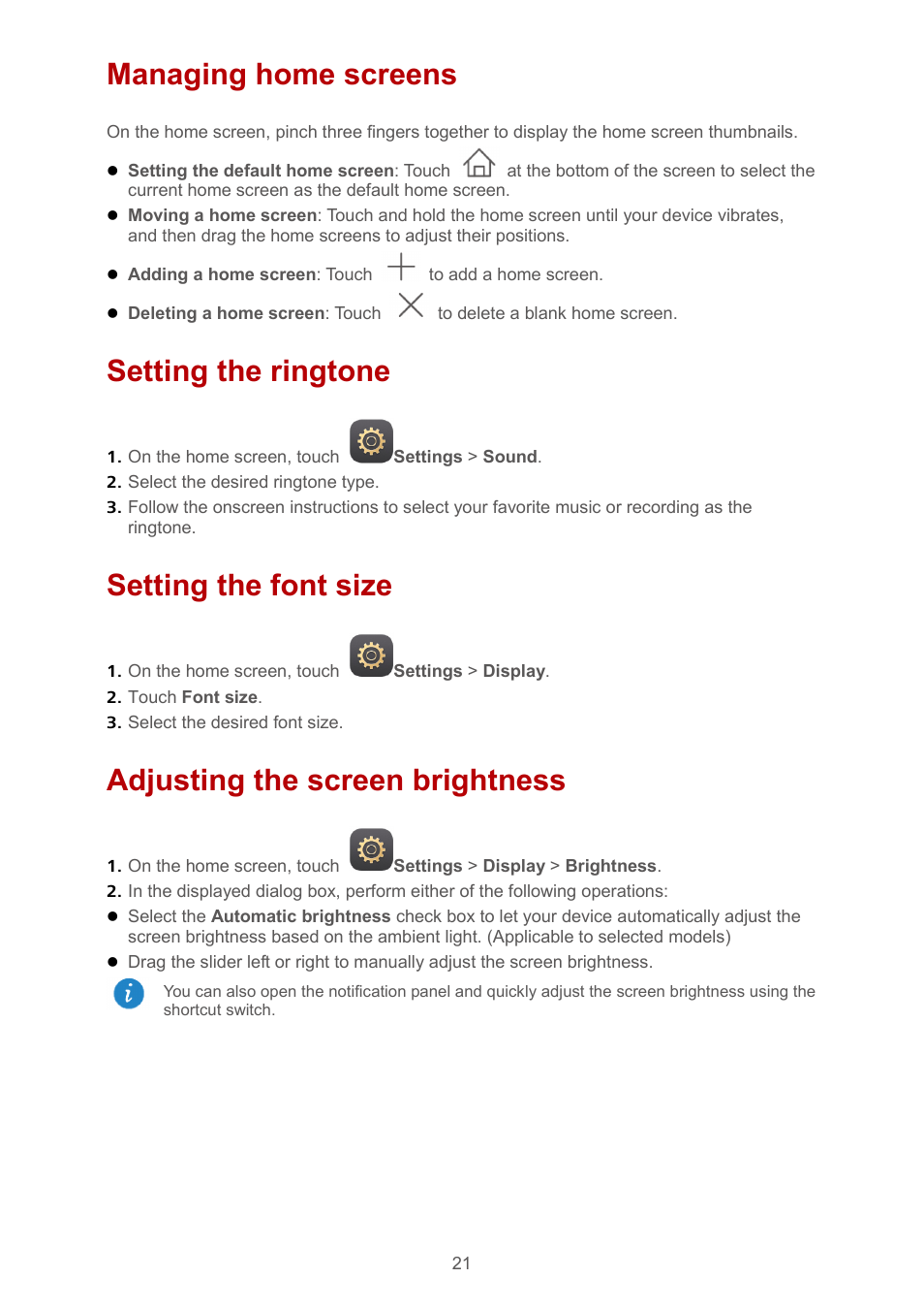 Managing home screens, Setting the ringtone, Setting the font size | Adjusting the screen brightness | Huawei MediaPad M2 10.1 (M2-A01L) User Manual | Page 25 / 40