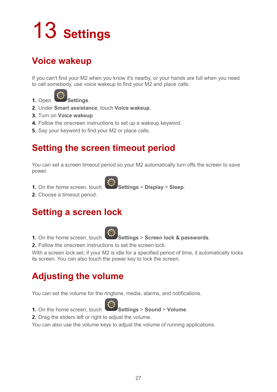 13 settings, Voice wakeup, Setting the screen timeout period | Setting a screen lock, Adjusting the volume, Settings | Huawei MediaPad M2 10.1 (M2-A01L) User Manual | Page 31 / 40