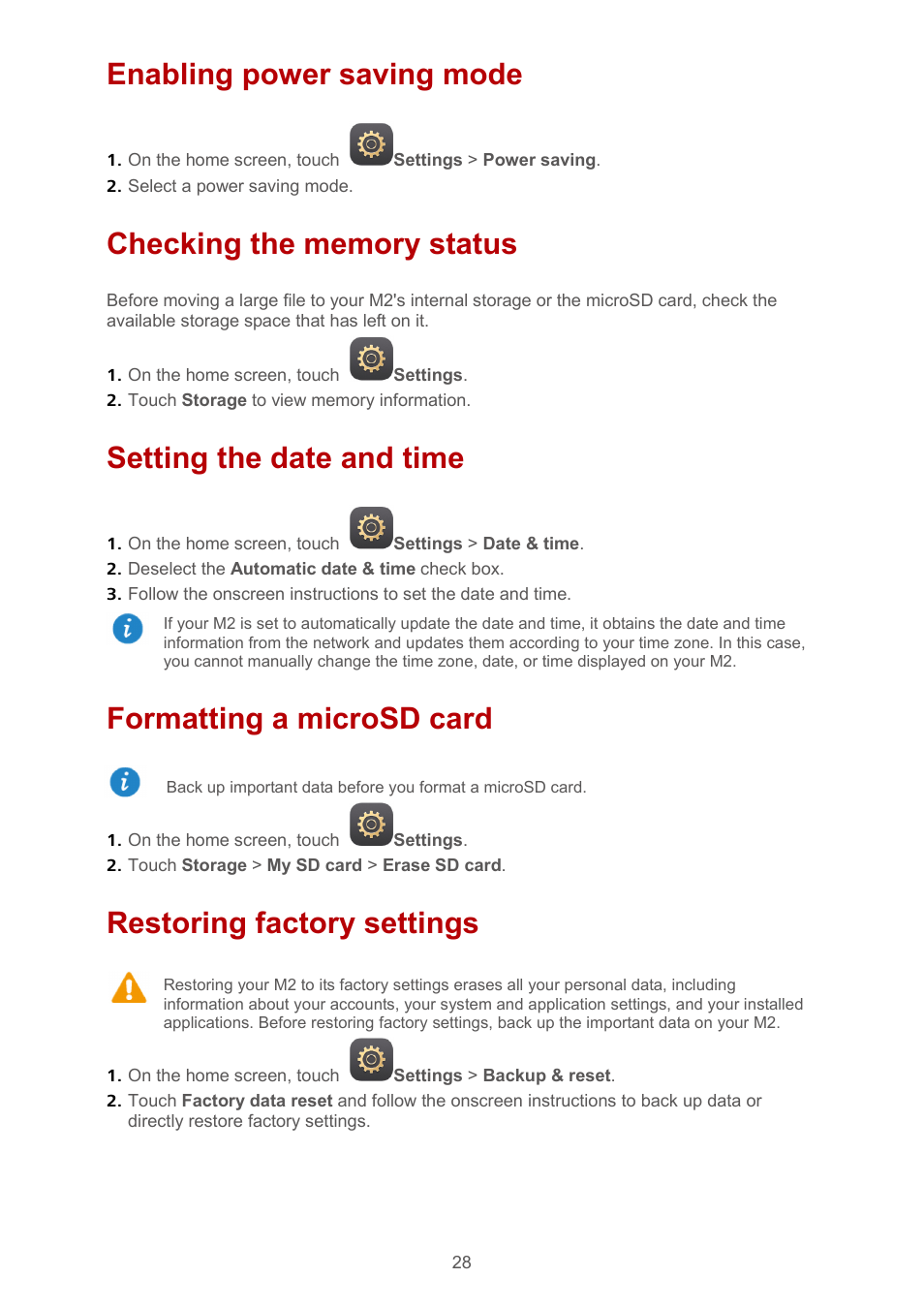 Enabling power saving mode, Checking the memory status, Setting the date and time | Formatting a microsd card, Restoring factory settings | Huawei MediaPad M2 10.1 (M2-A01L) User Manual | Page 32 / 40