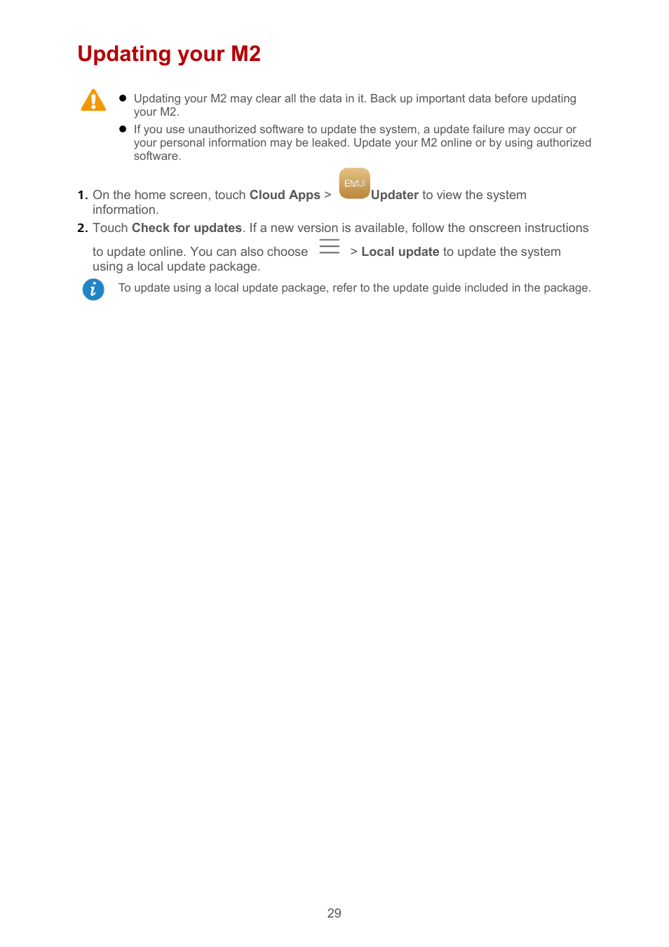 Updating your m2 | Huawei MediaPad M2 10.1 (M2-A01L) User Manual | Page 33 / 40