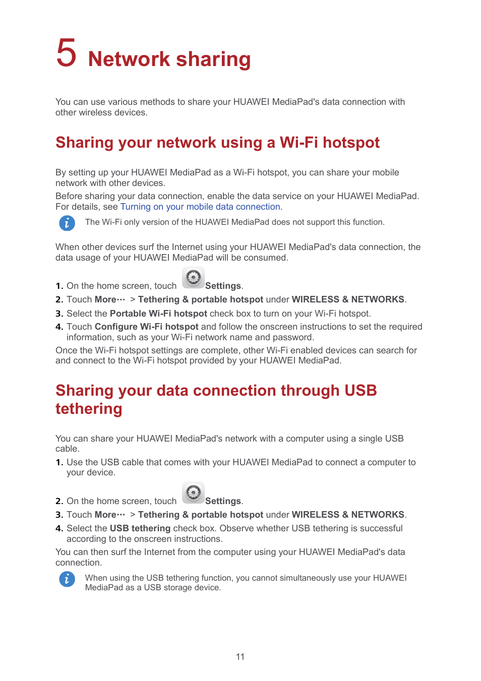 5 network sharing, Sharing your network using a wi-fi hotspot, Sharing your data connection through usb tethering | 5 network sharing 11, Sharing your network using a wi-fi hotspot 11, Network sharing | Huawei MediaPad T1 8.0 User Manual | Page 14 / 34