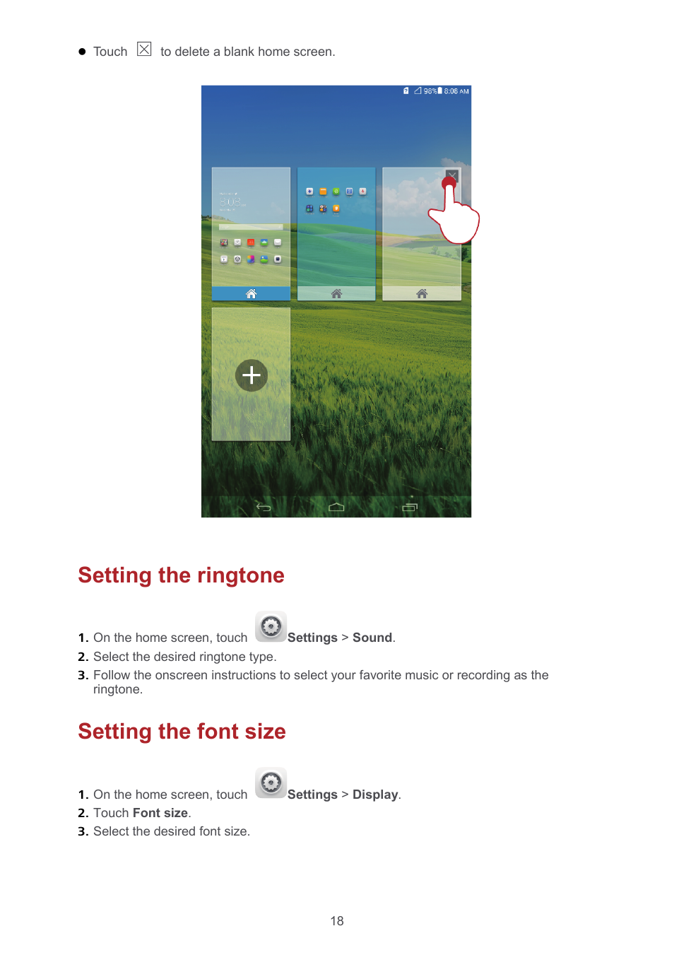 Setting the ringtone, Setting the font size, Setting the ringtone 18 | Setting the font size 18 | Huawei MediaPad T1 8.0 User Manual | Page 21 / 34