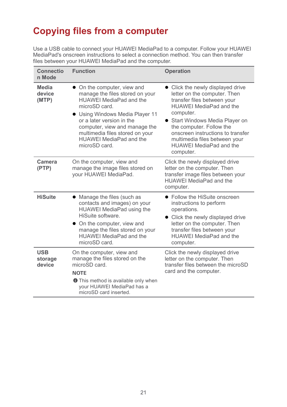 Copying files from a computer, Copying files from a computer 21 | Huawei MediaPad T1 8.0 User Manual | Page 24 / 34