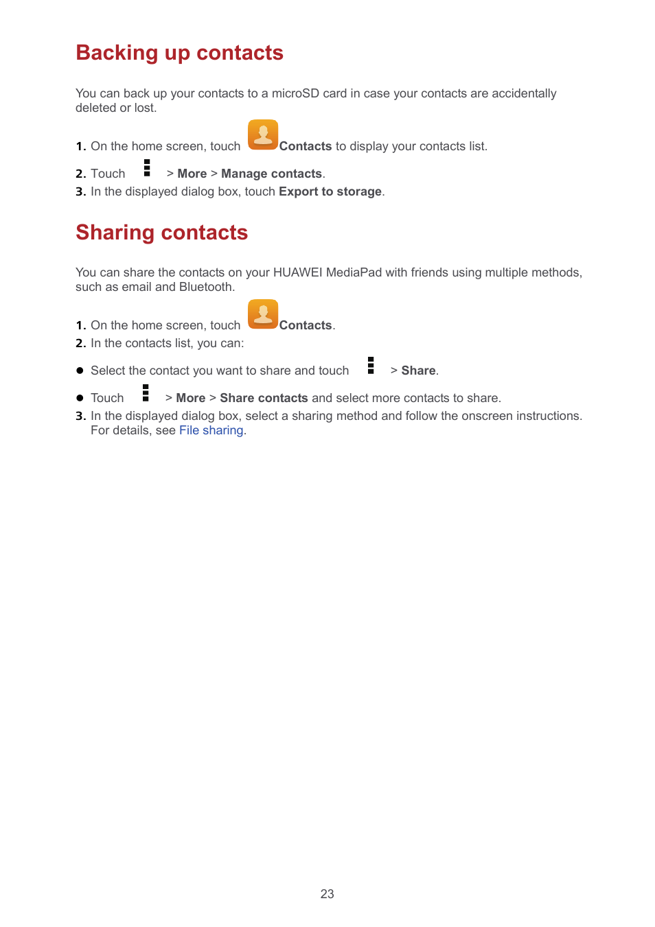 Backing up contacts, Sharing contacts, Backing up contacts 23 | Sharing contacts 23 | Huawei MediaPad T1 8.0 User Manual | Page 26 / 34