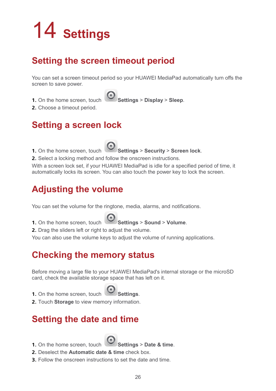 14 settings, Setting the screen timeout period, Setting a screen lock | Adjusting the volume, Checking the memory status, Setting the date and time, 14 settings 26, Setting the screen timeout period 26, Setting a screen lock 26, Adjusting the volume 26 | Huawei MediaPad T1 8.0 User Manual | Page 29 / 34