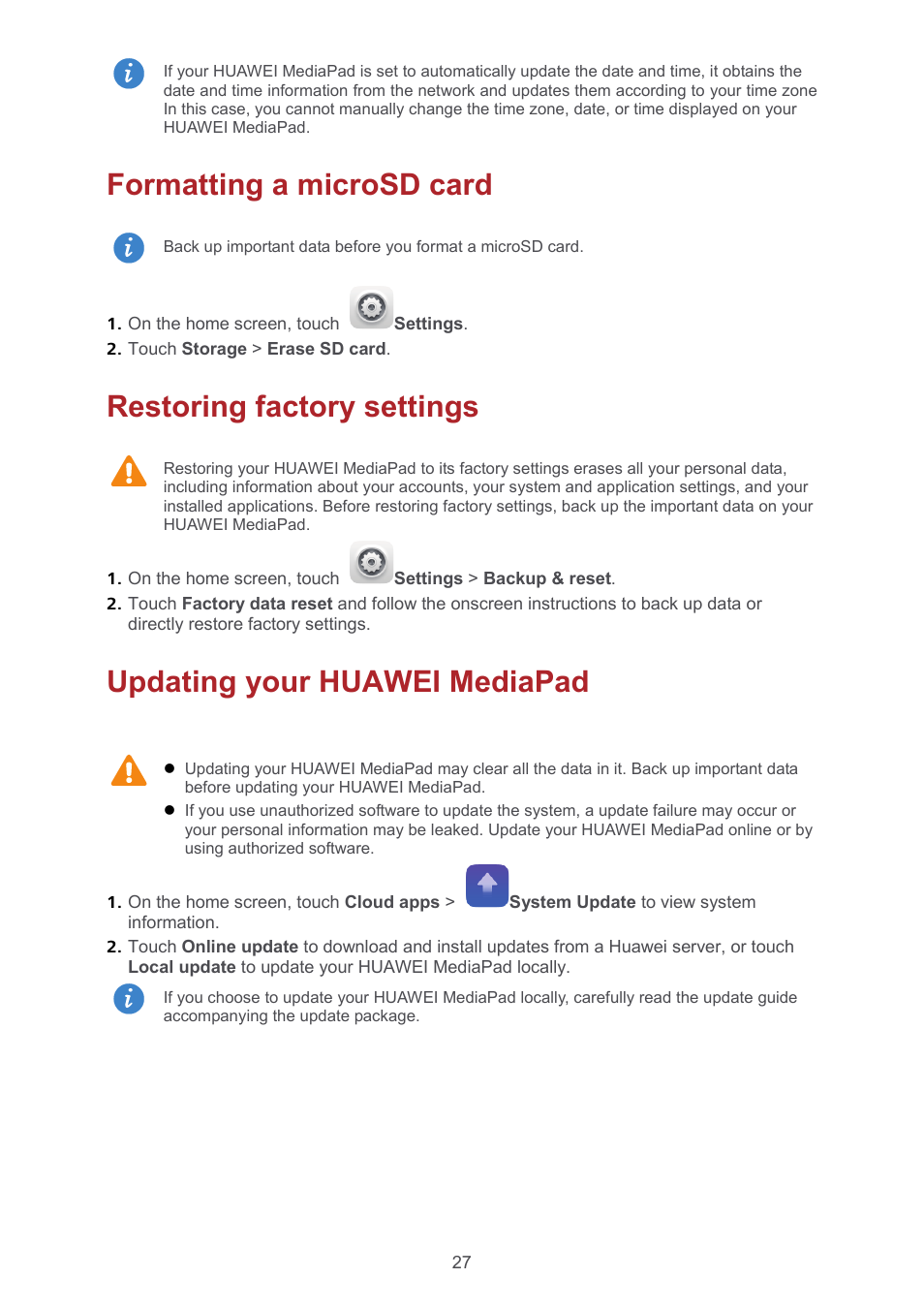 Formatting a microsd card, Restoring factory settings, Updating your huawei mediapad | Formatting a microsd card 27, Restoring factory settings 27, Updating your huawei mediapad 27 | Huawei MediaPad T1 8.0 User Manual | Page 30 / 34