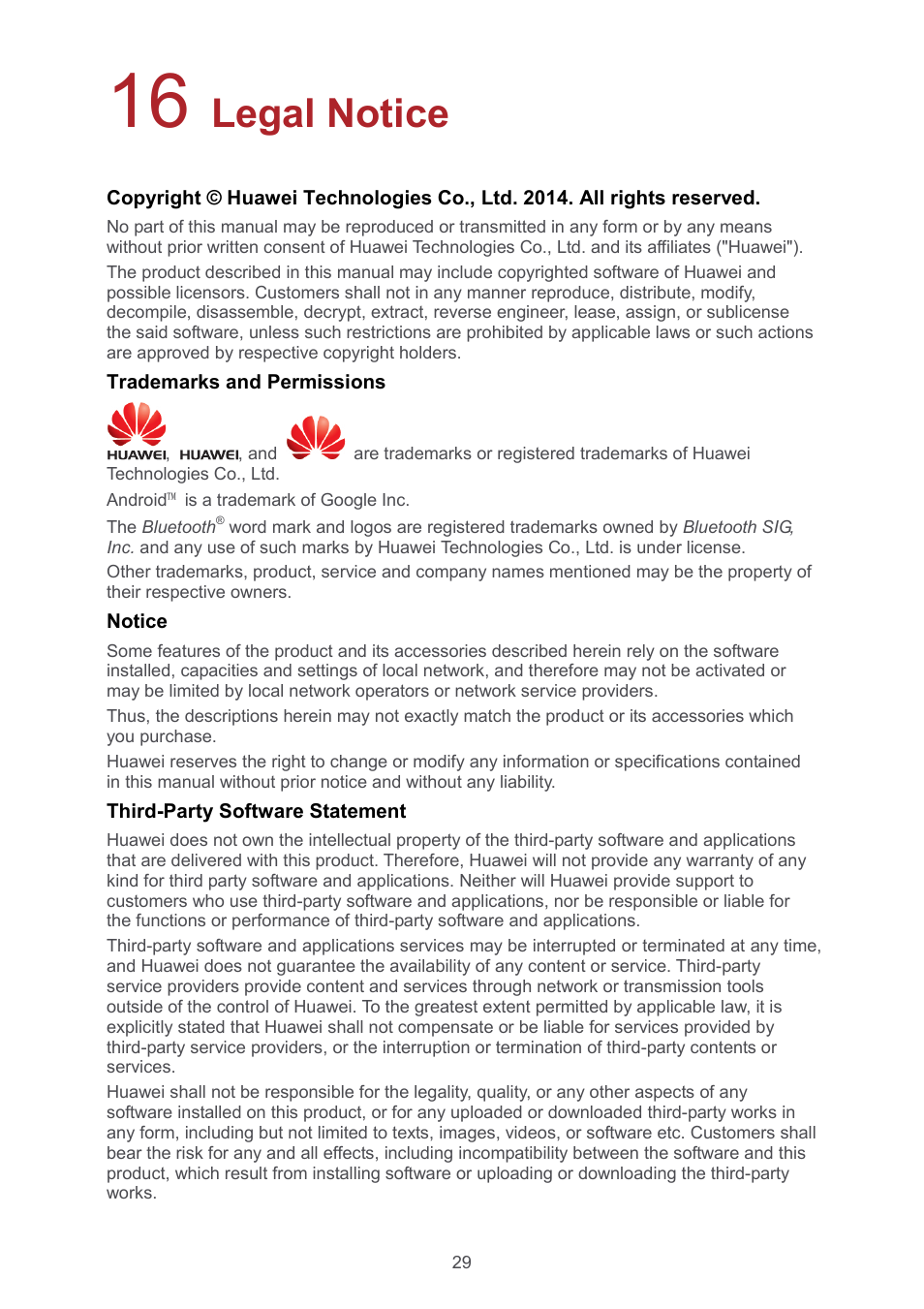 16 legal notice, 16 legal notice 29, Legal notice | Huawei MediaPad T1 8.0 User Manual | Page 32 / 34