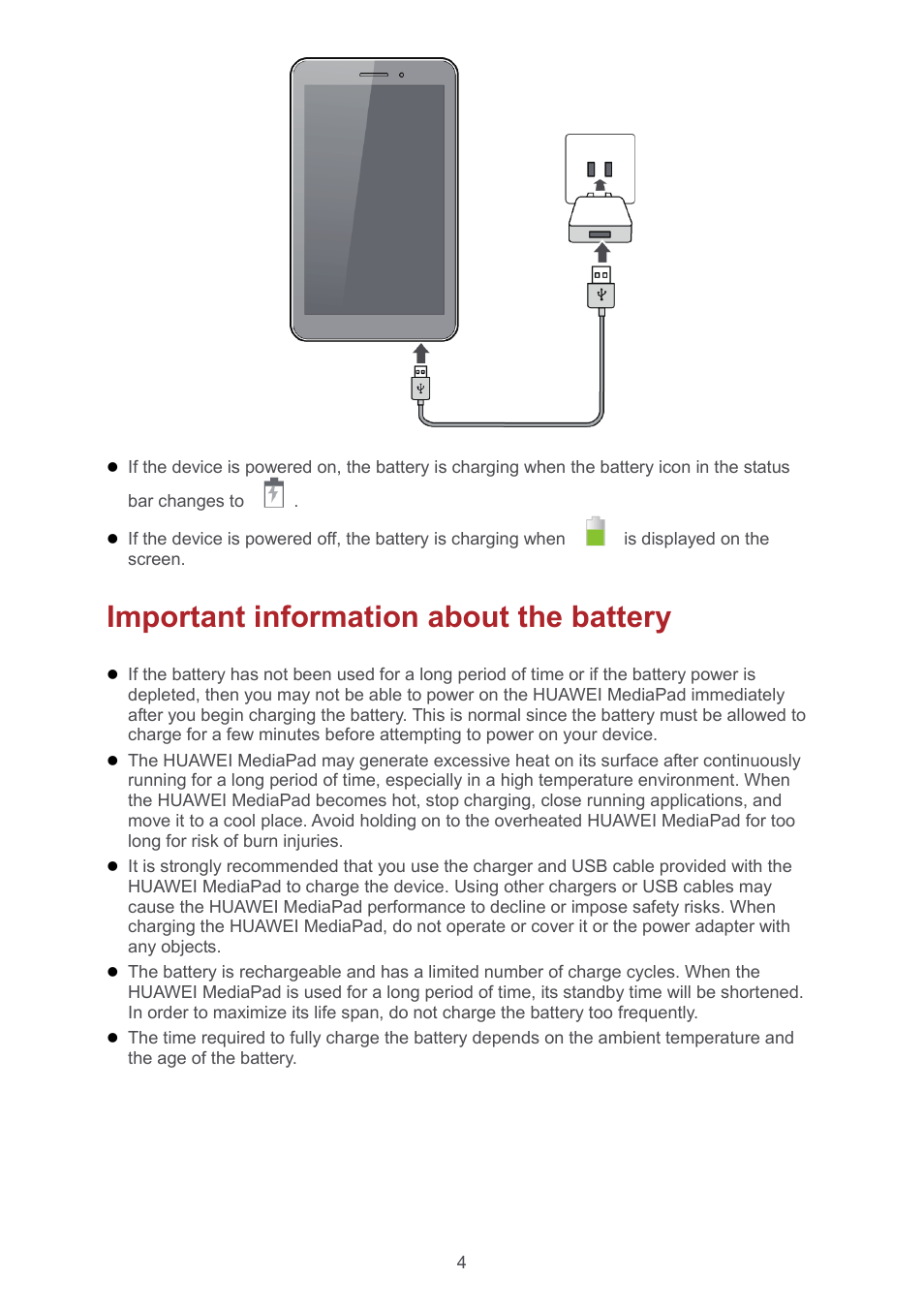 Important information about the battery, Important information about the battery 4 | Huawei MediaPad T1 8.0 User Manual | Page 7 / 34