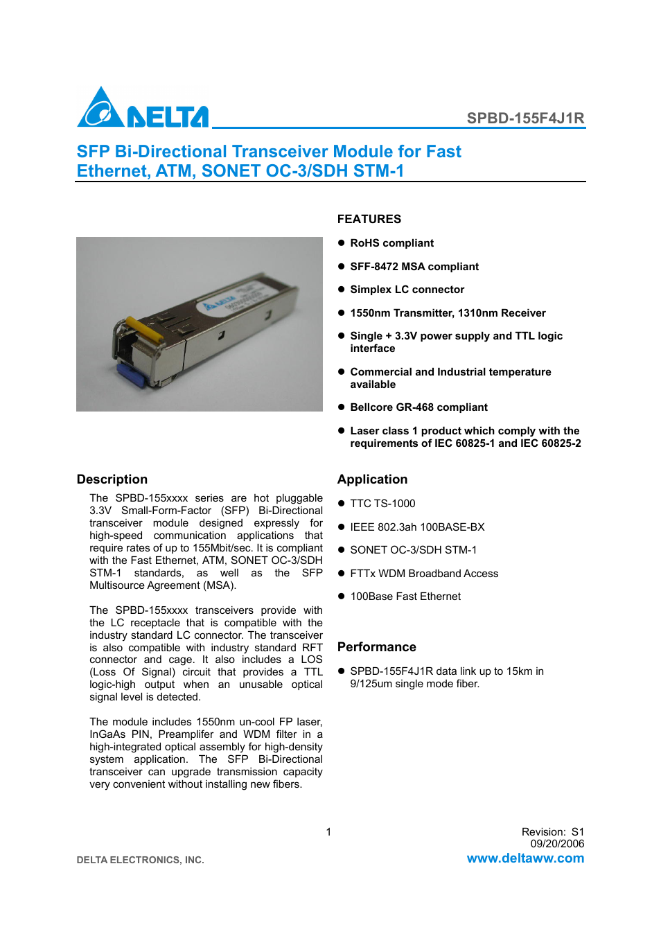 Delta Electronics SFP Bi-Directional Transceiver Module SPBD-155F4J1R User Manual | 11 pages