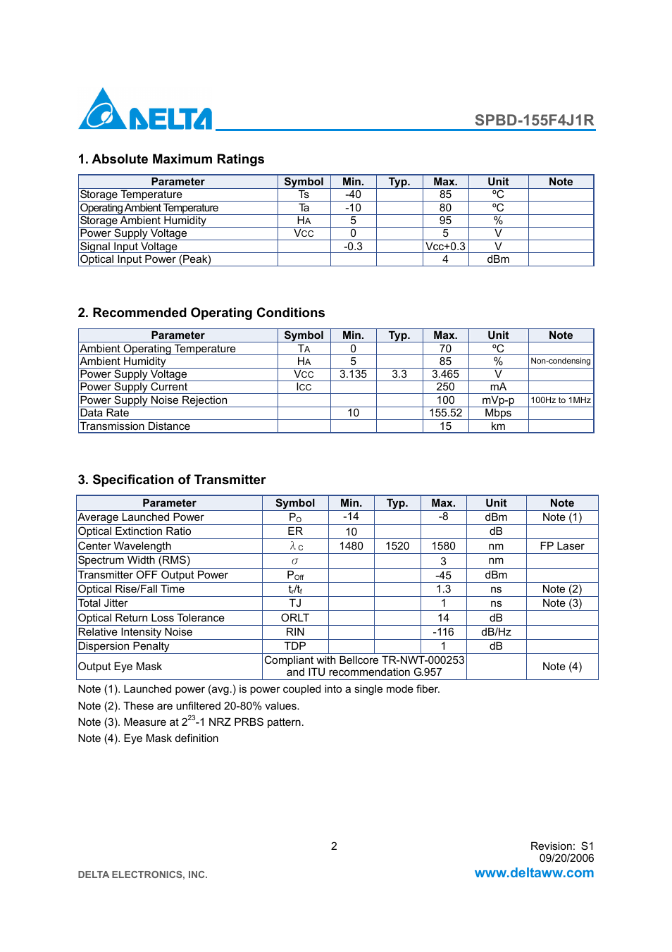 Delta Electronics SFP Bi-Directional Transceiver Module SPBD-155F4J1R User Manual | Page 2 / 11