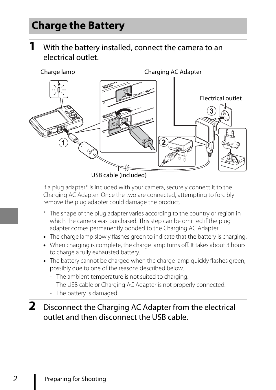 Charge the battery | Nikon Coolpix A100 User Manual | Page 12 / 36
