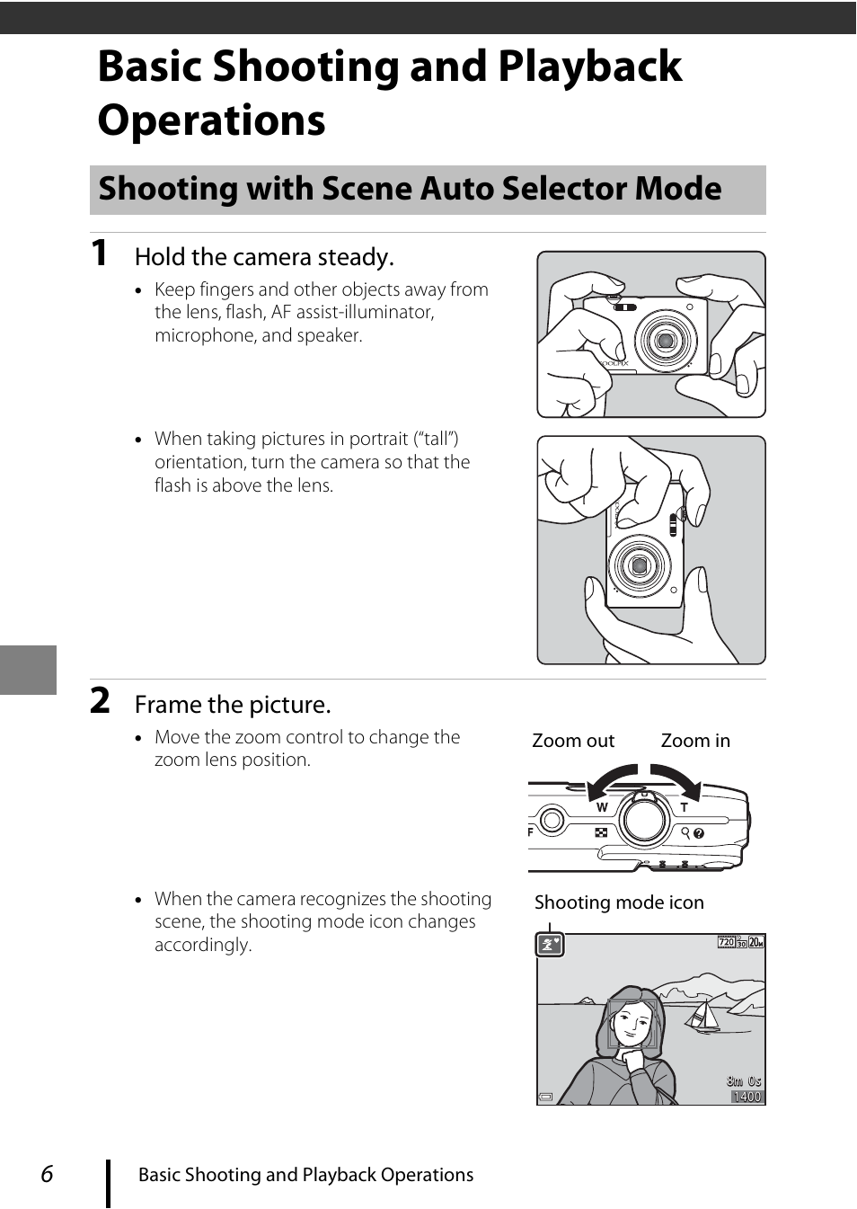 Basic shooting and playback operations, Basic shooting and playback operations” (a6), Shooting with scene auto selector mode | Nikon Coolpix A100 User Manual | Page 16 / 36