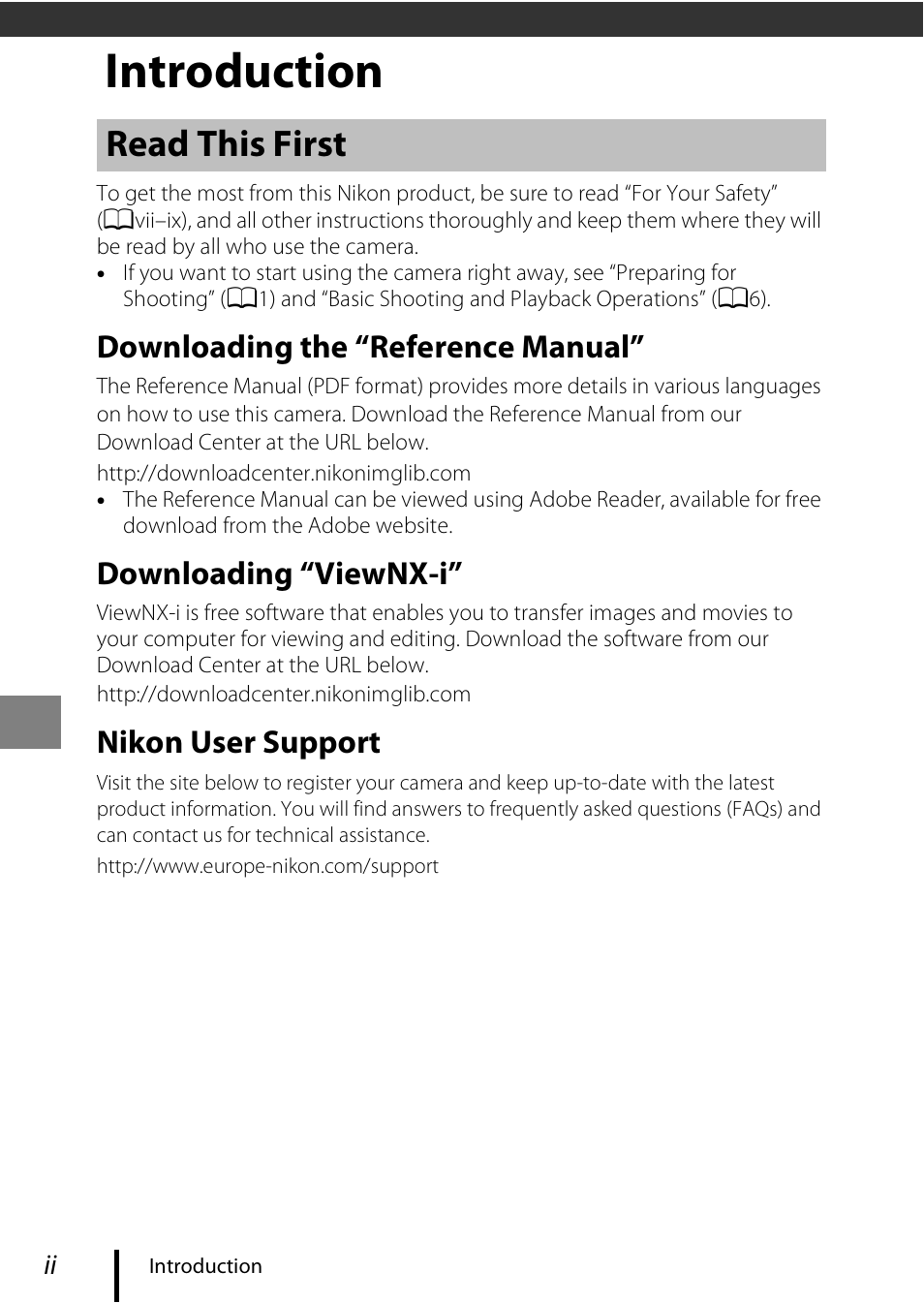 Introduction, Read this first, Downloading the “reference manual | Downloading “viewnx-i, Nikon user support | Nikon Coolpix A100 User Manual | Page 2 / 36