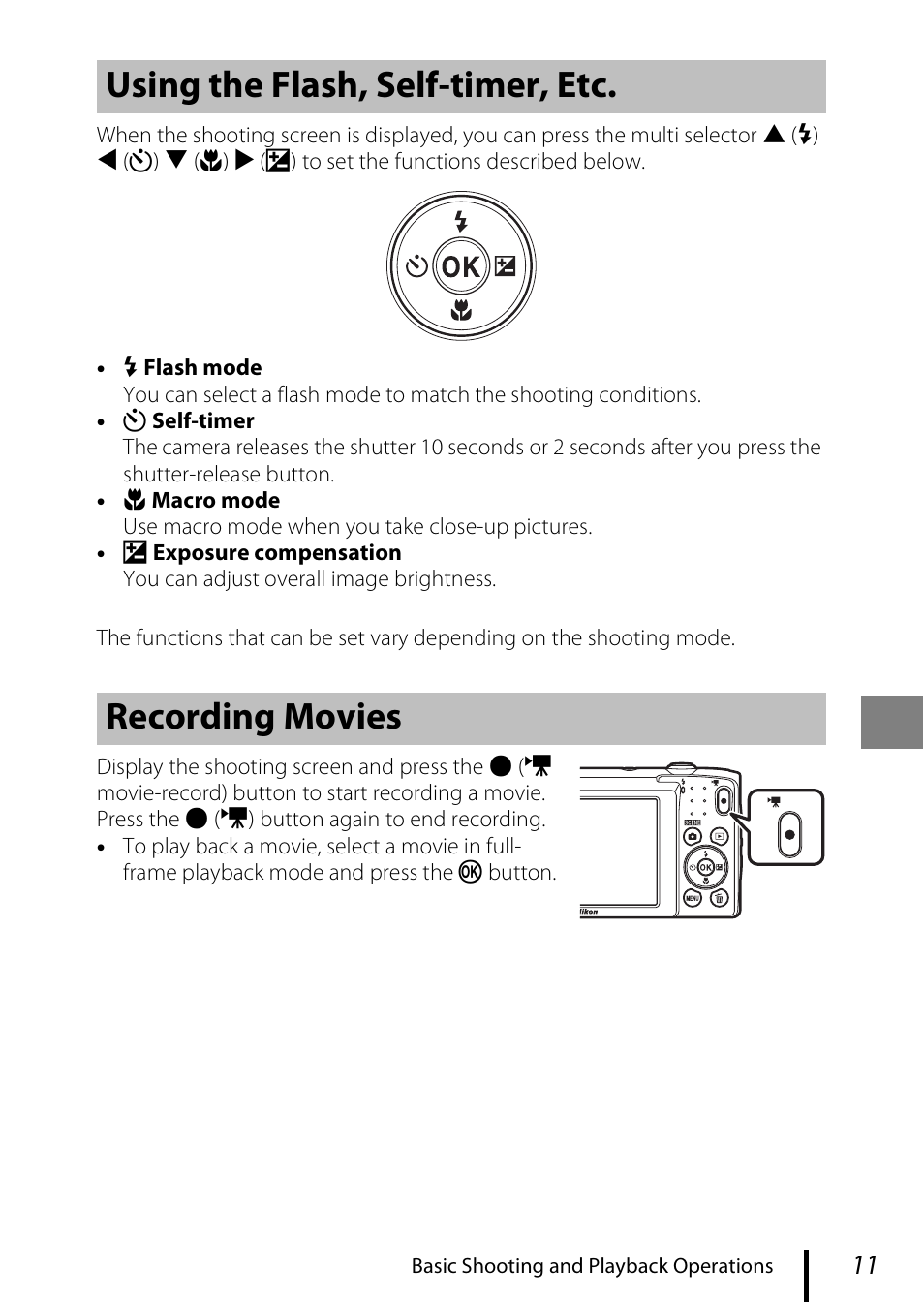 Using the flash, self-timer, etc. recording movies | Nikon Coolpix A100 User Manual | Page 21 / 36