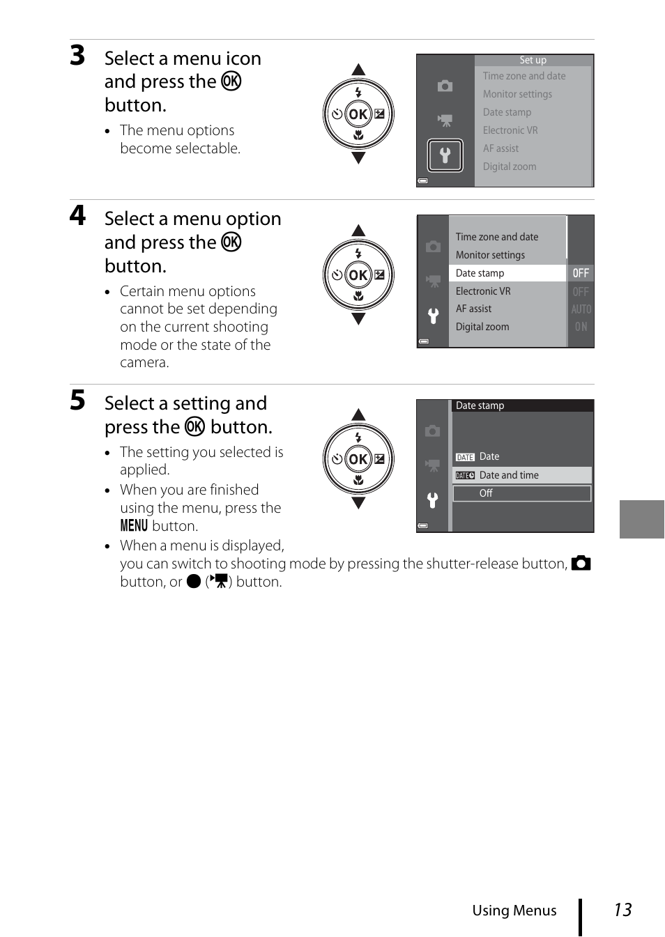 Select a menu icon and press the k button, Select a menu option and press the k button, Select a setting and press the k button | Nikon Coolpix A100 User Manual | Page 23 / 36