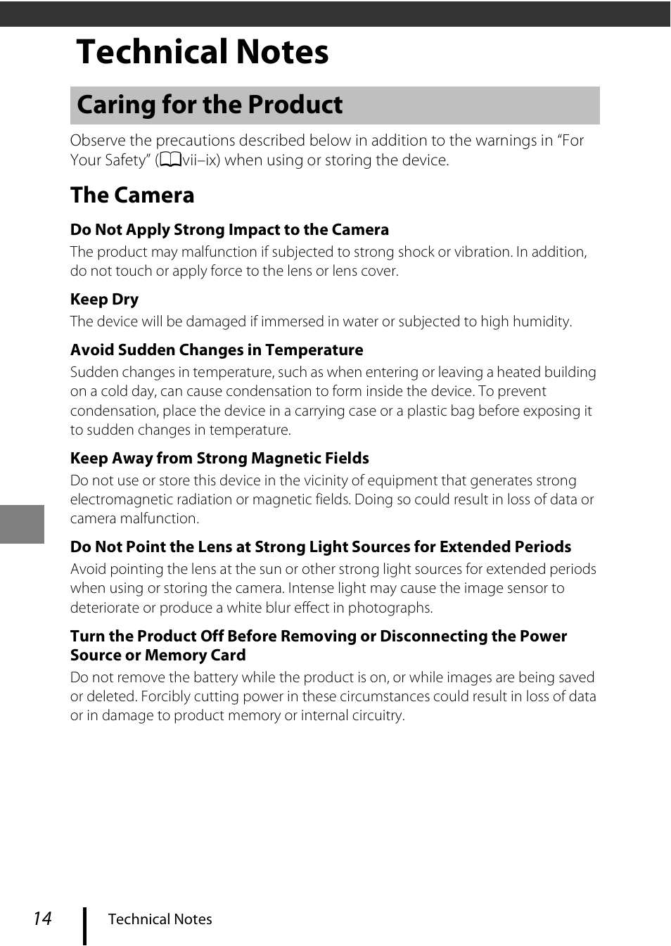 Technical notes, Caring for the product, The camera | Nikon Coolpix A100 User Manual | Page 24 / 36