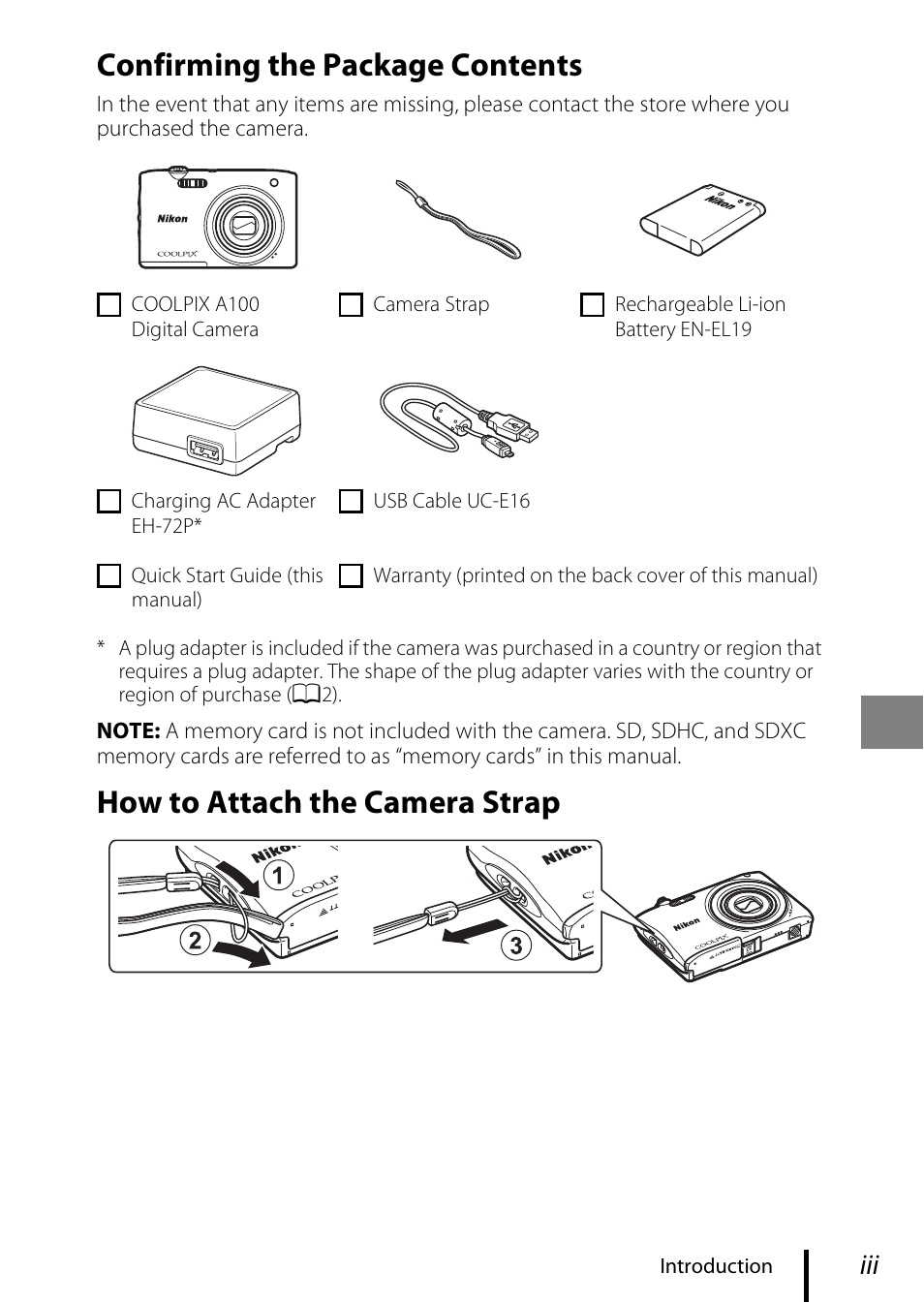 Confirming the package contents, How to attach the camera strap | Nikon Coolpix A100 User Manual | Page 3 / 36