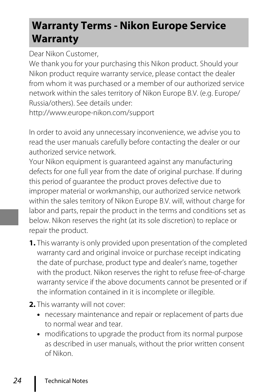 Warranty terms - nikon europe service warranty | Nikon Coolpix A100 User Manual | Page 34 / 36
