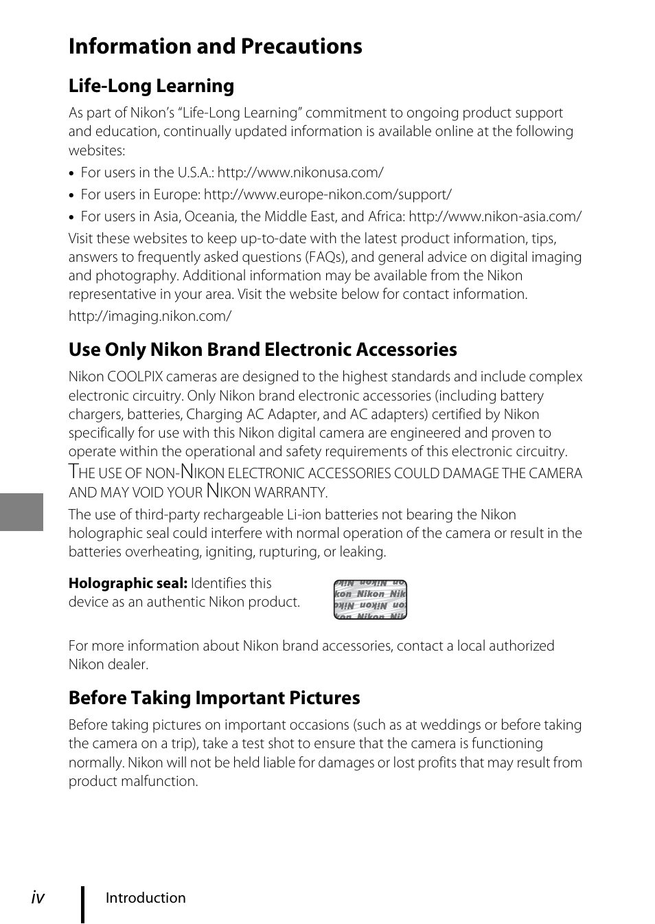 Information and precautions, Life-long learning, Use only nikon brand electronic accessories | Before taking important pictures | Nikon Coolpix A100 User Manual | Page 4 / 36