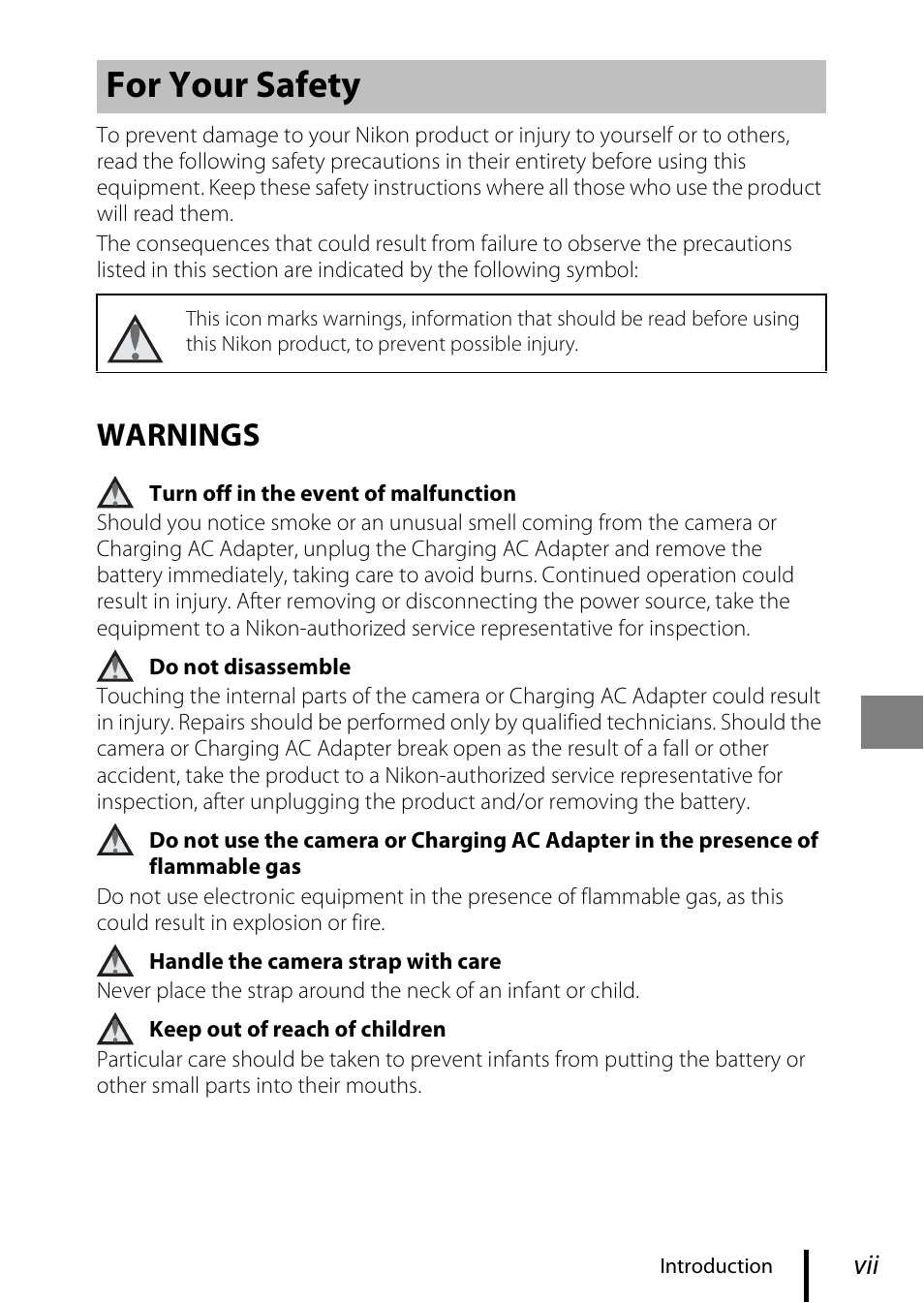 For your safety, Avii–ix, Warnings | Nikon Coolpix A100 User Manual | Page 7 / 36