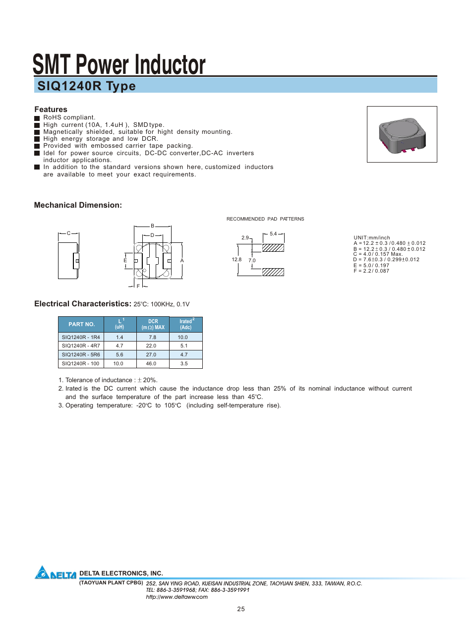 Delta Electronics SMT Power Inductor SIQ1240R User Manual | 1 page