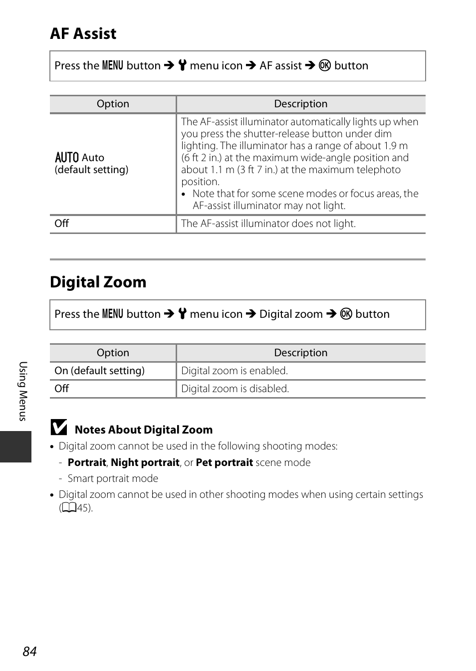 Af assist, Digital zoom, Af assist digital zoom | A84) | Nikon Coolpix A100 User Manual | Page 100 / 144