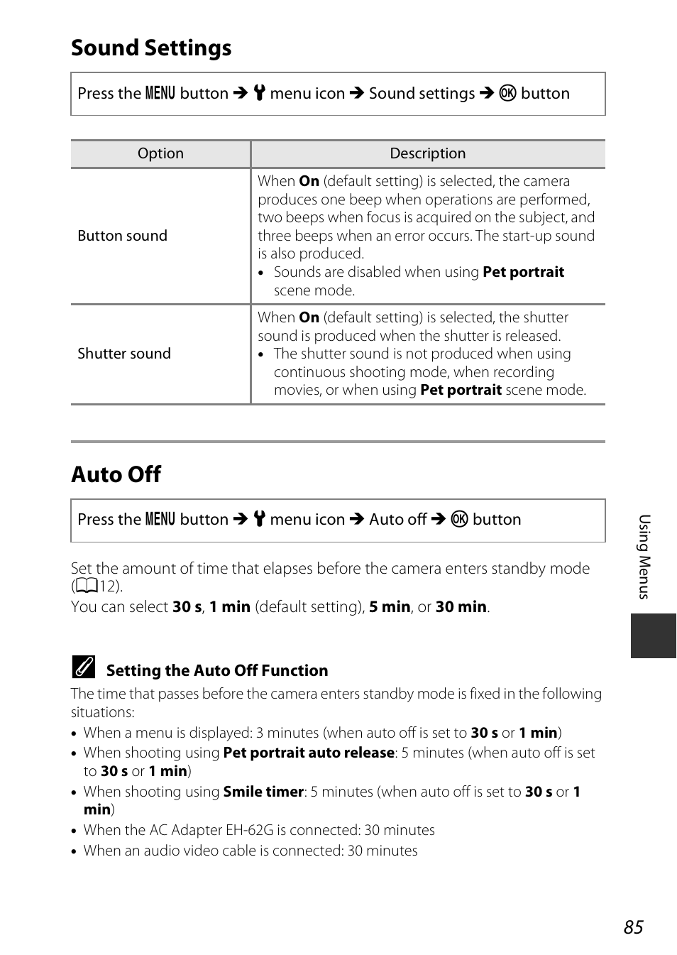 Sound settings, Auto off, Sound settings auto off | Nikon Coolpix A100 User Manual | Page 101 / 144