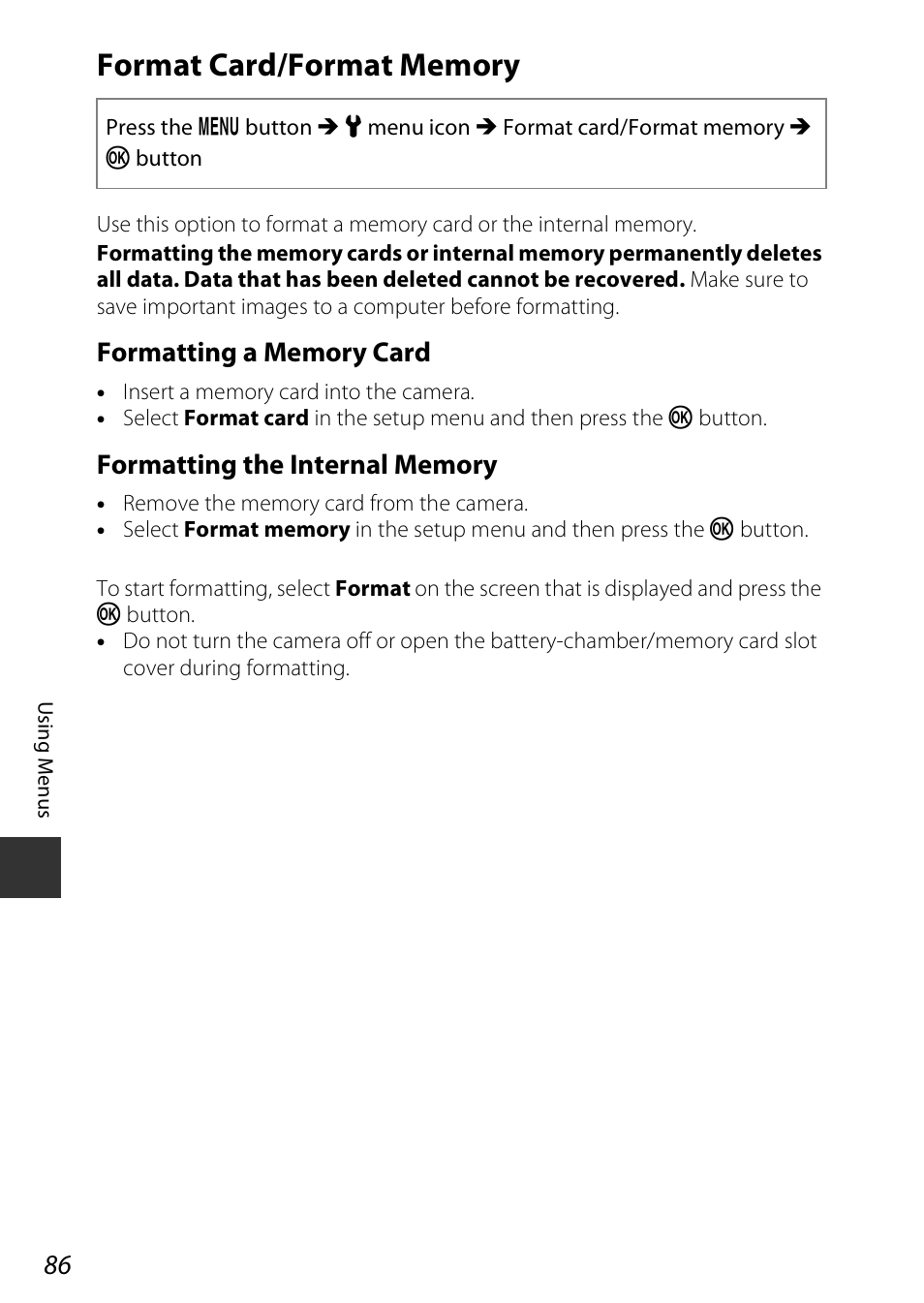 Format card/format memory, A86) | Nikon Coolpix A100 User Manual | Page 102 / 144