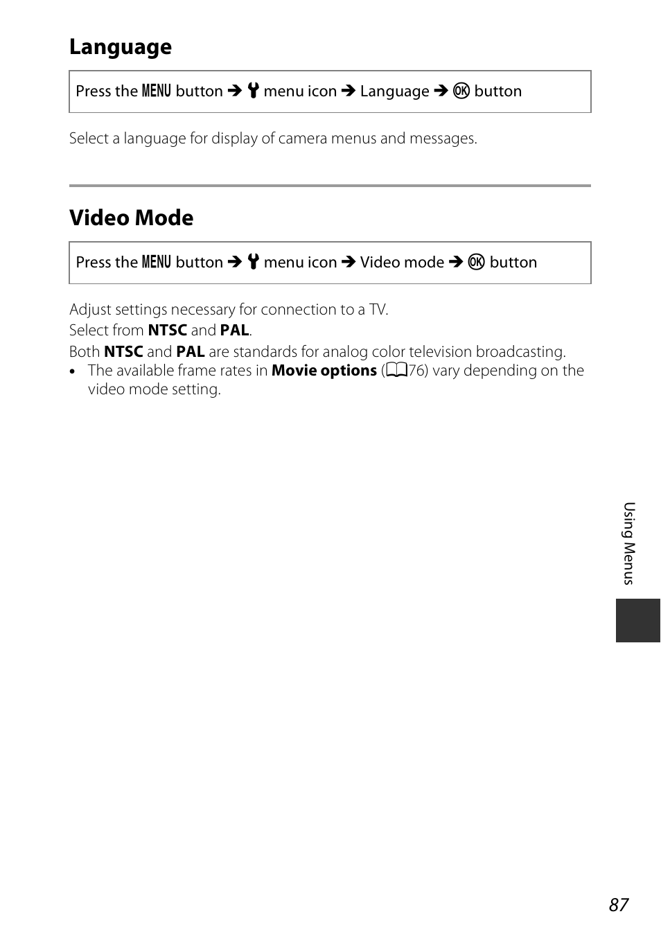 Language, Video mode, Language video mode | Nikon Coolpix A100 User Manual | Page 103 / 144