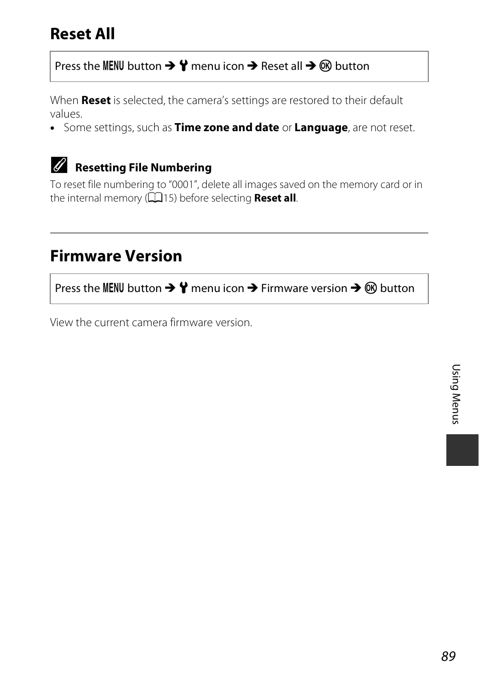 Reset all, Firmware version, Reset all firmware version | Nikon Coolpix A100 User Manual | Page 105 / 144