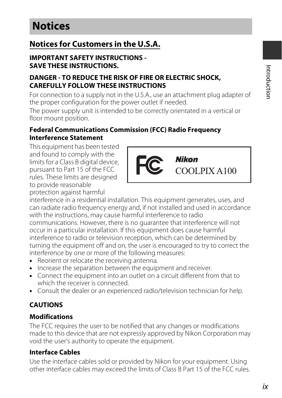 Notices, Notices for customers in the u.s.a | Nikon Coolpix A100 User Manual | Page 11 / 144