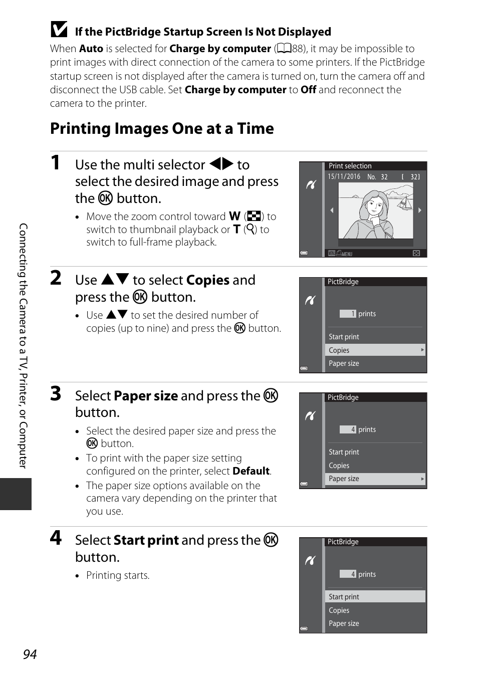 Printing images one at a time, Use hi to select copies and press the k button, Select paper size and press the k button | Select start print and press the k button | Nikon Coolpix A100 User Manual | Page 110 / 144