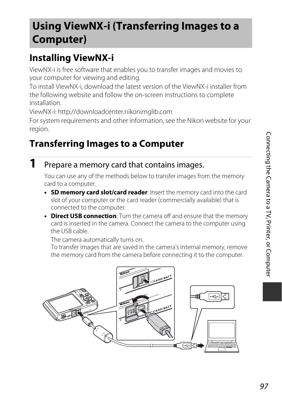 Using viewnx-i (transferring images to a computer), Installing viewnx-i, Transferring images to a computer | Uter, A97) | Nikon Coolpix A100 User Manual | Page 113 / 144