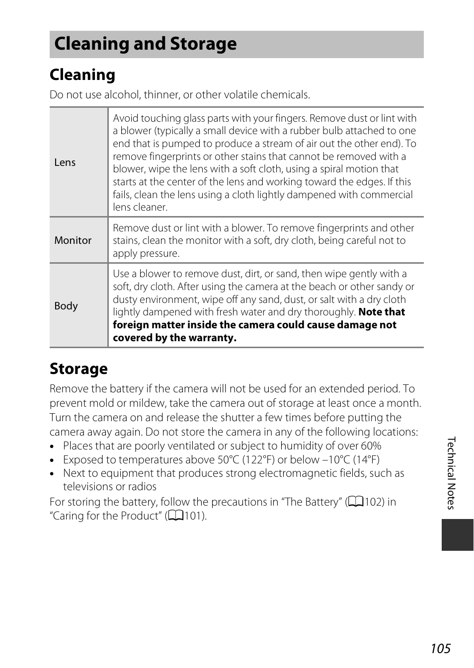 Cleaning and storage, Cleaning, Storage | Cleaning storage, 105 storage | Nikon Coolpix A100 User Manual | Page 121 / 144