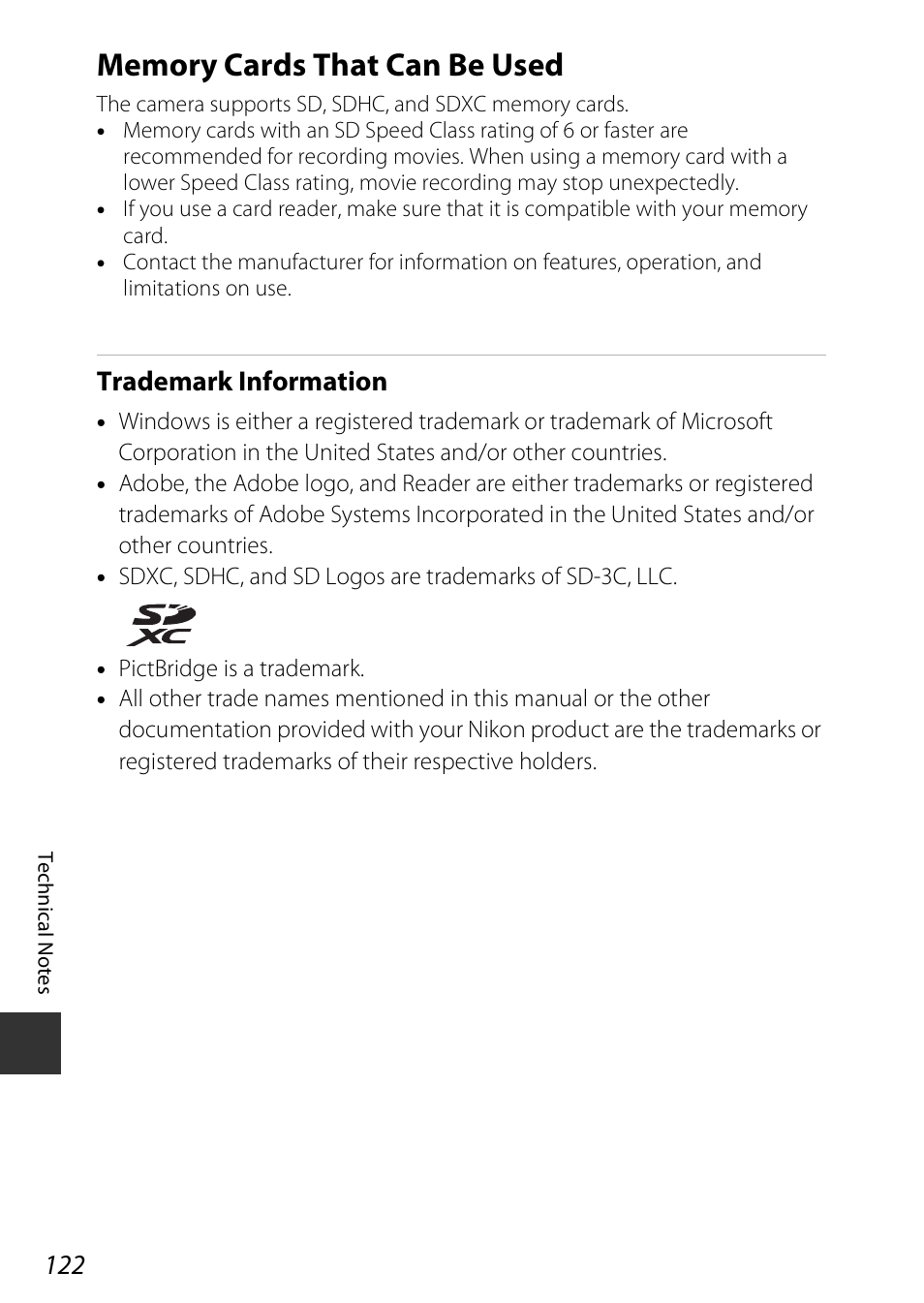 Memory cards that can be used, Trademark information | Nikon Coolpix A100 User Manual | Page 138 / 144