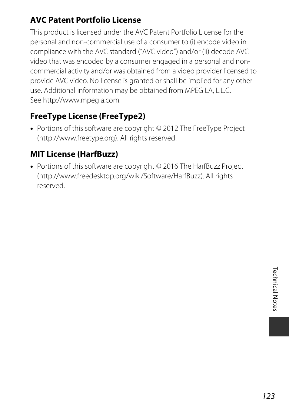 Avc patent portfolio license, Freetype license (freetype2), Mit license (harfbuzz) | Nikon Coolpix A100 User Manual | Page 139 / 144