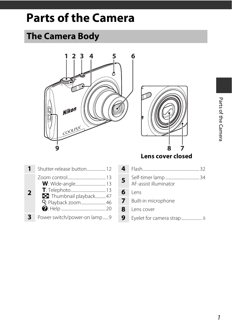 Parts of the camera, The camera body | Nikon Coolpix A100 User Manual | Page 17 / 144