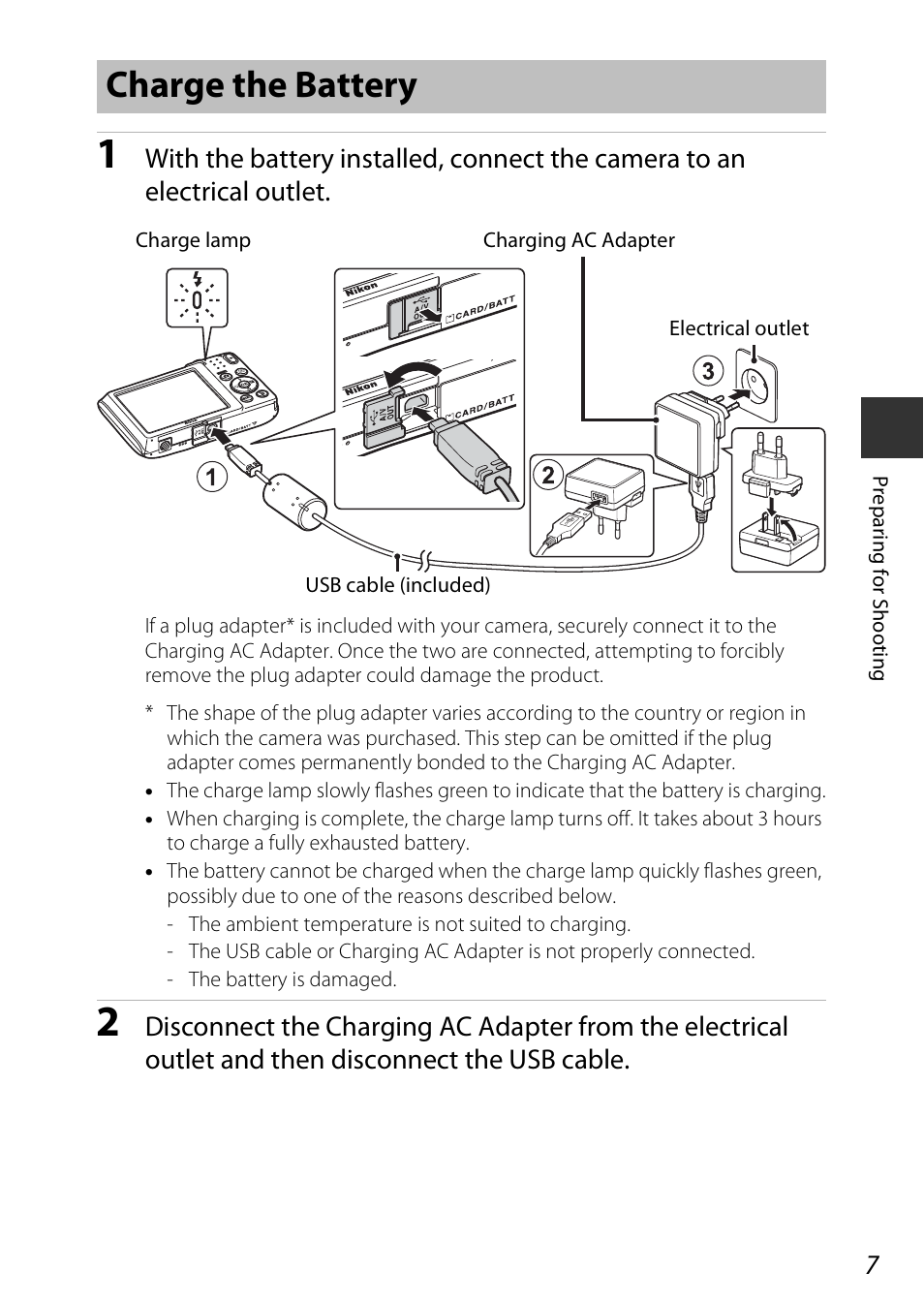Charge the battery | Nikon Coolpix A100 User Manual | Page 23 / 144