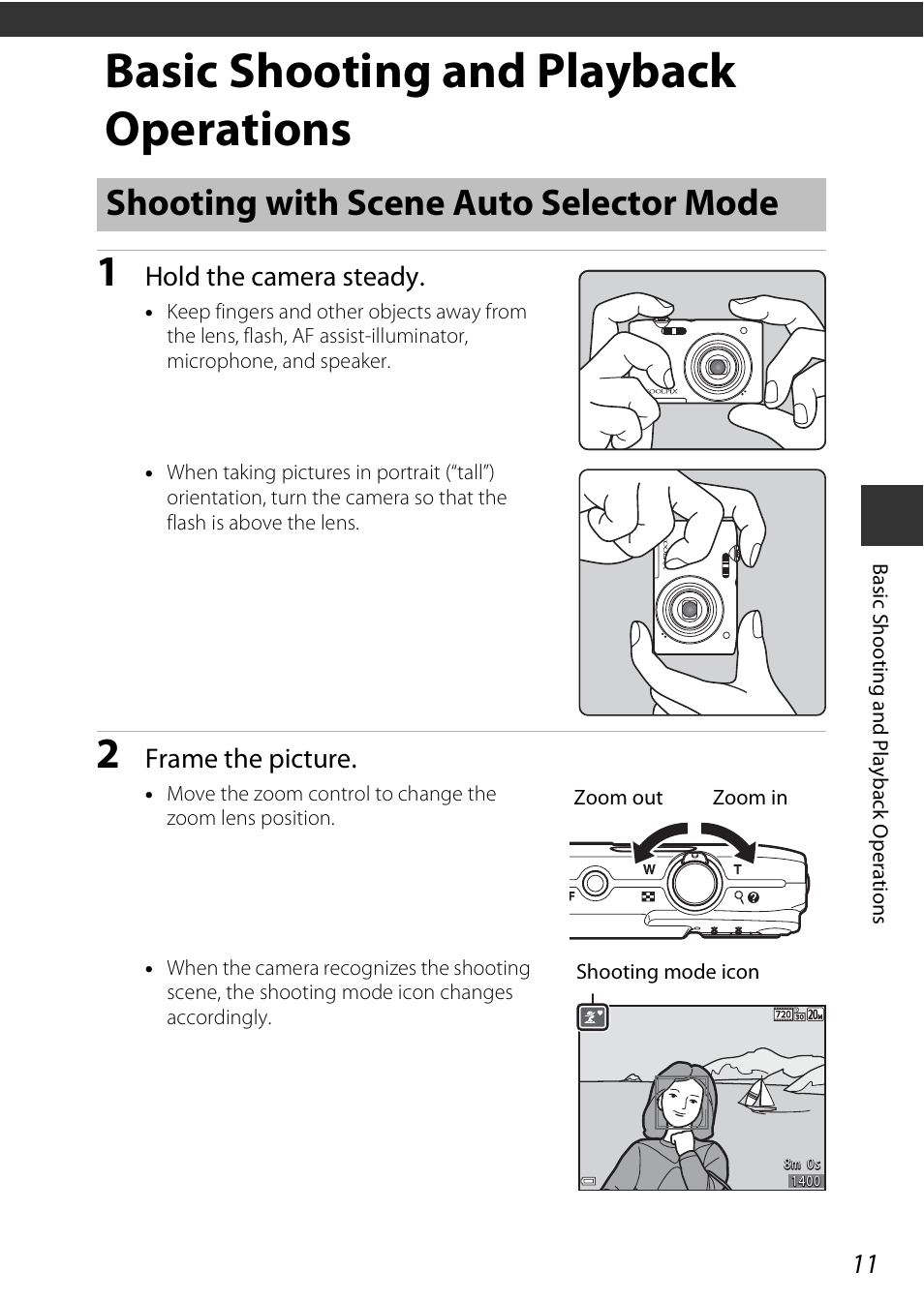 Basic shooting and playback operations, Shooting with scene auto selector mode, Basic shooting and playback operations” (a11) | Hold the camera steady, Frame the picture | Nikon Coolpix A100 User Manual | Page 27 / 144